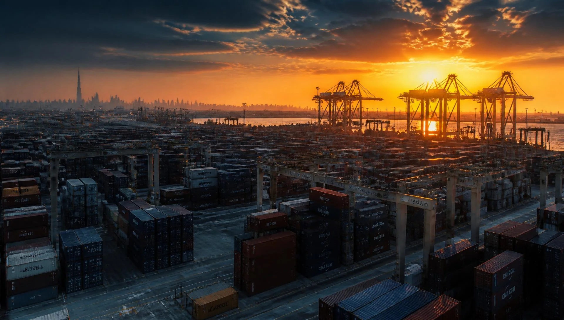 Jebel Ali port at sunset with Dubai skyline
